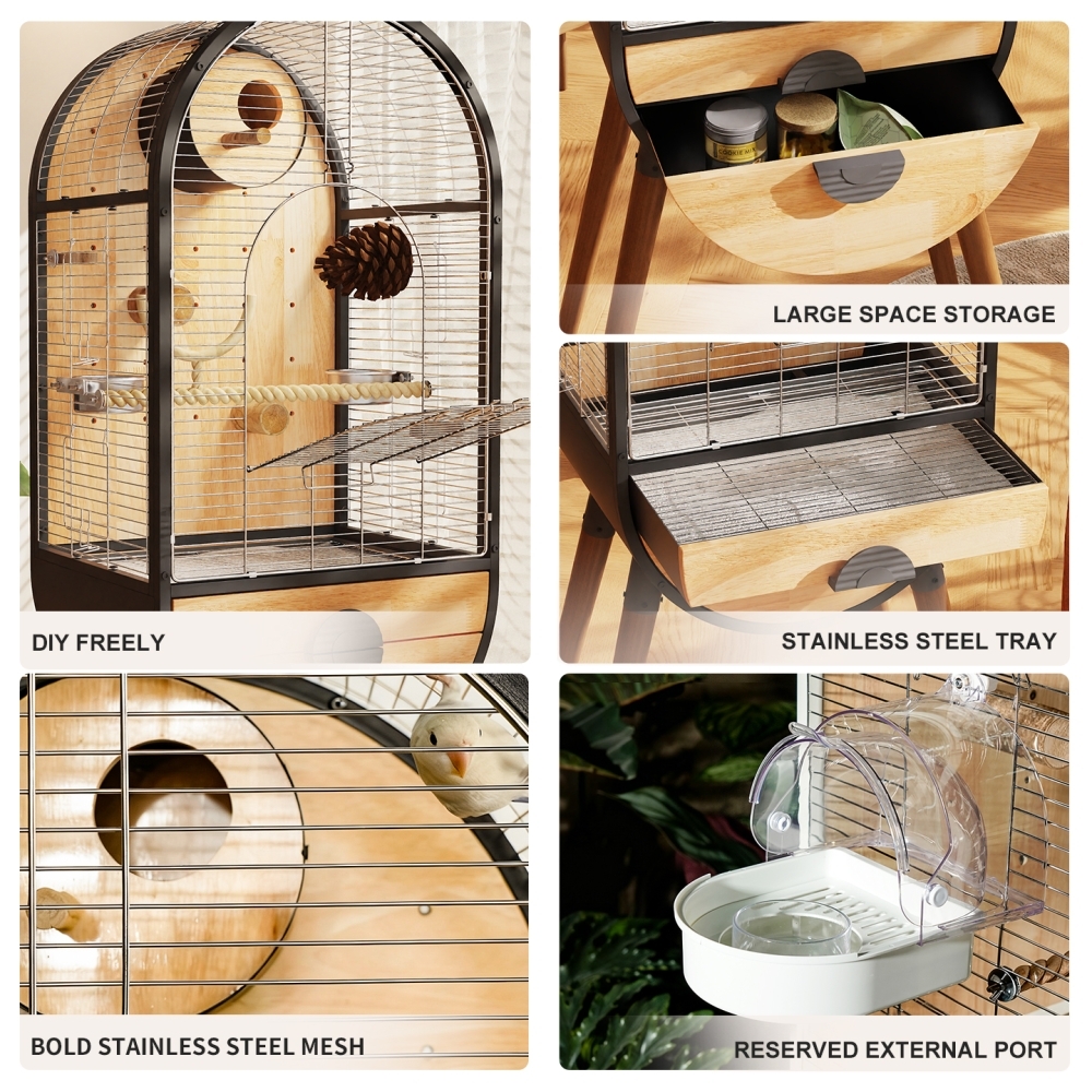 Premium Parrot Bird Cage Made of Metal and Natural Wood