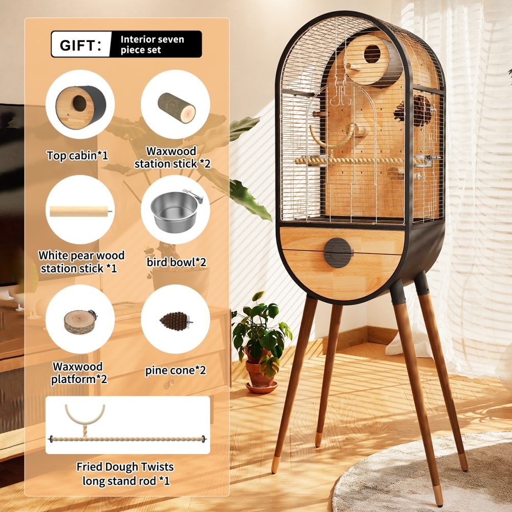 Premium Parrot Bird Cage Made of Metal and Natural Wood