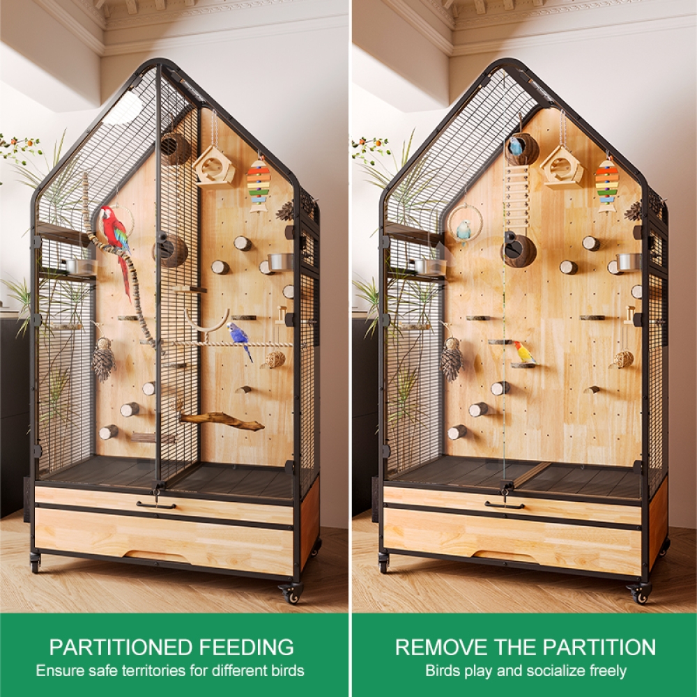 Handcrafted Metal and Wood Bird Cage for Indoor Use