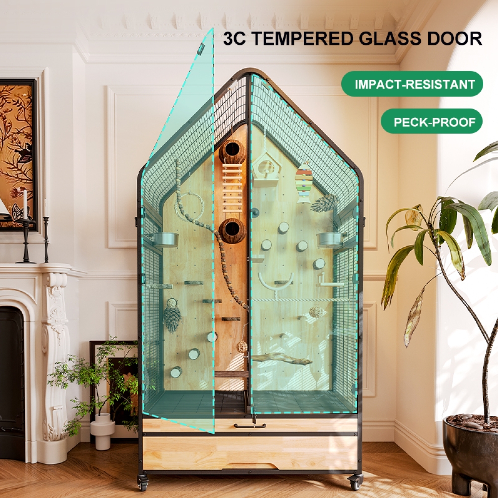 Handcrafted Metal and Wood Bird Cage for Indoor Use