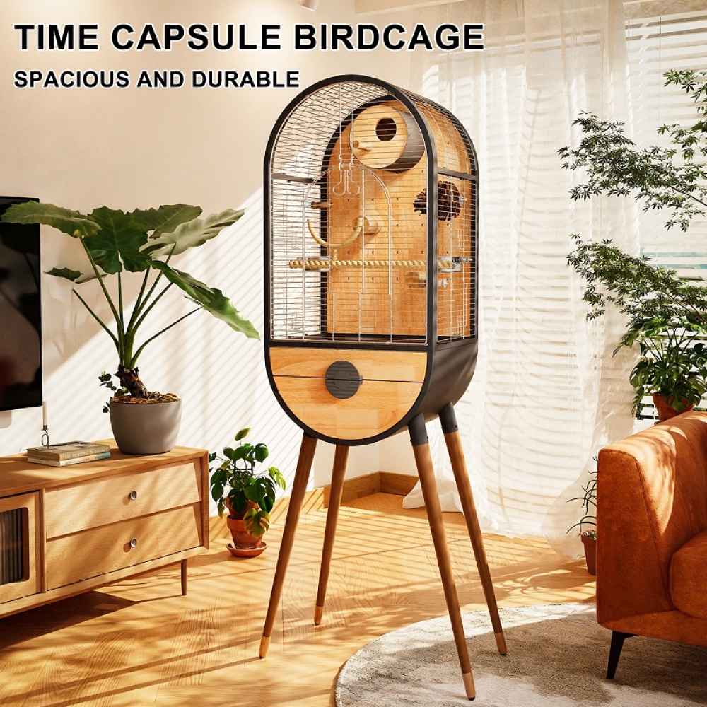 Premium Parrot Bird Cage Made of Metal and Natural Wood