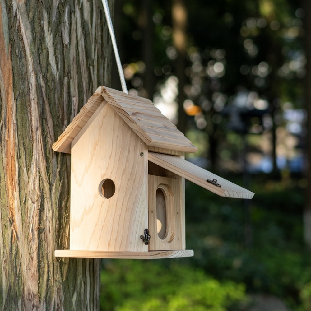 Wooden Bird House Outdoor Hanging | Natural Solid Wood Bird Nesting Box