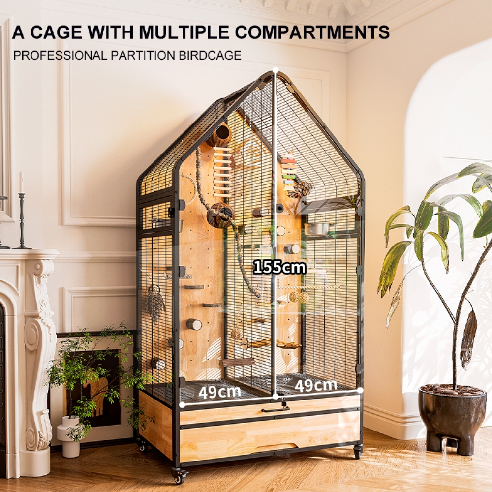 Handcrafted Metal and Wood Bird Cage for Indoor Use