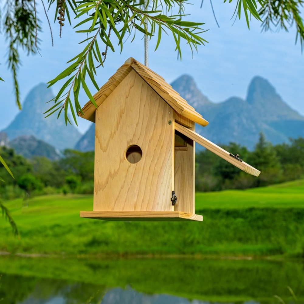 Wooden Bird House Outdoor Hanging | Natural Solid Wood Bird Nesting Box