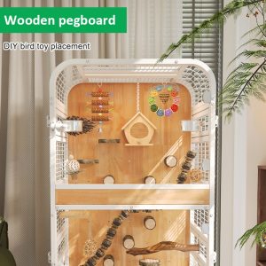 Luxury Indoor Bird Cage with Metal Frame and Solid Wood Base
