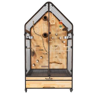 Handcrafted Metal and Wood Bird Cage for Indoor Use